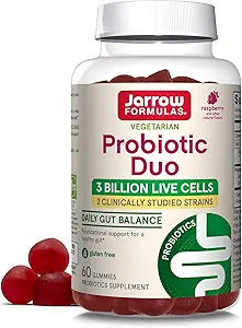 Formules de Jarrow Probiotic Duo, Supplément de 3 milliards de cellules vivantes pour la santé immunitaire et le soutien digestif, 60 Gommies Probiotiques Flacon de framboise, 30 jours d'approvisionnement (paquet de 12)
