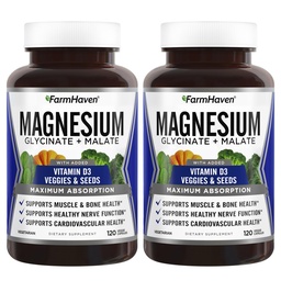 FarmHaven Magnesium Glycinate & Malate Complex w/Vitamine D3, 100% chelated for Max Absorptie-Bone Health, Zenuwen, Spieren, 240 Capsules, 120 Days
