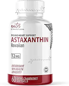 Nature's Fusions Nutri Astaxanthin 12mg Max Strength - Suppléments Premium Grown à Hawaii - puissant antioxydant, favorise la santé du cœur et des yeux - 60 Softgels pour l'absorption rapide