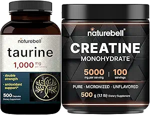 NatureBell Creatine Monohydraat Poeder & Taurine Capsules 1.000mg Per Serving Bundle Pack