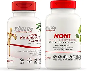 Full Life Reuma-Art X Strength and Noni Capsules - Supplément à base de plantes - Extrait de fruits noni organiques - Casher, sans gluten - 90 capsules de légumes chacune