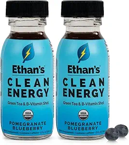 Ethan's Organic Clean Energy Shots Blueberry grenade, sans sucre naturel avant l'entraînement Focus Boost, sans gluten, végétalien, B6 & B12 vitamine C avec extrait de thé vert et Guayusa (2 pack de 2oz shots)
