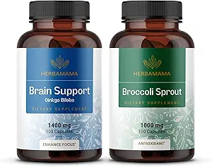 HERBAMAMA Cerveau Support & Brocoli Sprout Kit - Lot de 1400 mg Cerveau Support Complex & 1000 mg Brocoli Sprout Capsules - Vegan, Non-OGM, Sans Gélatine - 2 Pack