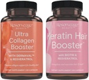 Reservering Ultra Collageen Booster & Keratine Hair Booster - Kenmerken Dermaval, Biotin & Resveratrol - Ondersteuning van haar en huid - 90 Ultra Collageen Capsules, 60 Keratine Capsules