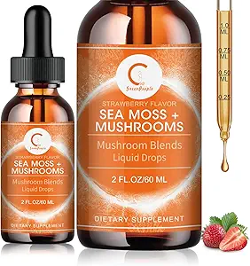 Boussole de mer et champignons gouttes liquides, Lions Mane Supplément avec la mousse de mer irlandaise et Cordyceps etc, Support pour la mémoire, Focus & Clarify, Immune et la santé digestive, Non-OGM, Fraise Flavor, 2 FL OZ