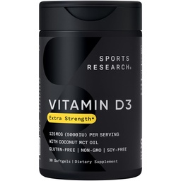 Sportonderzoek Vitamine D3 5000 IE met kokos-MCT-olie - vitamine D-supplement met hoge potentie voor immuun- en botondersteuning - niet-GMO-verifieerd, glutenvrij en sojavrij