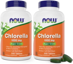 Nu Chlorella 1000mg tabletten - 200 Tellen (pakket van 2) - Natuurlijke voorkomende Chlorofyl, Beta-Caroteen - Non-GMO, Vegan - Green Super Food Supplement voor vrouwen en mannen