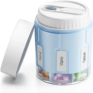 Daviky Pill Bottle Organizer, Supplement Organizer met 7 Large Compartments, Travel Pill Dispenser Ronde Pill Box met Twee Lids(Blauw)