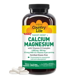 Country Life Cible-Mins Calcium Magnésium avec vitamine D-Complex, 1000mg/500mg/10mcg, 360 Capsules Vegan, Certifié sans gluten, Vegan certifié, Vérifié non-OGM Vérifié...