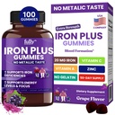 Suppléments de gommies de fer pour les femmes, les hommes et les enfants – Soutien au sang et à l'énergie pour le déficit en fer, l'anémie, non après le goût- Arôme de raisin frais- 100 gommies (50 jours d'approvisionnement)