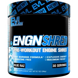 EVL Ultimate Pre Workout Powder - Thermogenic Fat Burn Support Preworkout Powder Drink voor duurzame energie Focus en uithoudingsvermogen - ENGN Shred Intense Create Free Preworkout Drink Mix - Blue Raz