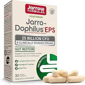 Jarrow Formulas Jarro-Dophilus EPS Gut Restore Probiotics 25 Billion CFU with 8 Clinically-Studied Strains, Dietary Supplement for Intestinal and Immune Support, 30 Veggie Capsules, 30 Day Supply