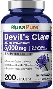 NusaPure Devil's Klauw 20:1 Extract, 250 mg Equivalent aan 5000 mg, 200 Veggie Capsules, Geconcentreerde Wortel Extract, Duivels Klauw Kruidensupplement, Niet-GMO, Veganistisch supplement