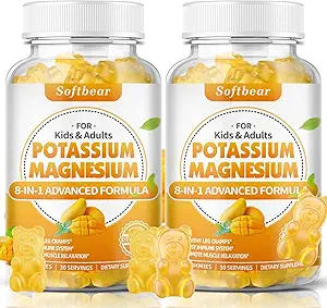 softbear Gommies de magnésium de potassium pour les femmes, suppléments de potassium de magnésium de calcium avec des vitamines Citrate de potassium sans sucre Gommies de soutien santé musculaire, Mango Flavor 120 Comte