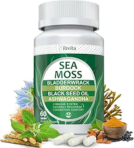 Sea Moss Black Seed Oil Capsules - Supplementen met Seamoss, Ashwagandha, Burdock Root, Gember & Multimineral voor Immune & Digestieve Ondersteuning, Verbeter energie voor mannen & vrouwen - 60 capsules