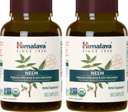 Himalaya Organic Neem Herbal Supplement, voor Mild Acne & Clear Skin, Purifying, Ayurvedic, USDA Certified Organic, Non-GMO, Vegan, 600 mg, 60 Plant Based Caplets, 2 Pack