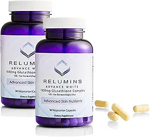 Verpakking van 2 Relumins Advance White 1650mg Glutathion Complex - 15x Dermatologic Formula with Advanced Skin Nutriënts - 2 Flessen, 90 Capsules Elke, 180 Total Capsules