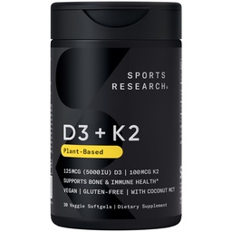 Recherche sportive Vitamine végétale D3 + K2 supplément avec huile de coco biologique - 5000iu Vitamine D avec 100mcg Mk7 Vitamine K - soutient le calcium pour des os plus forts et la santé immunitaire - 30 softgels pour les adultes