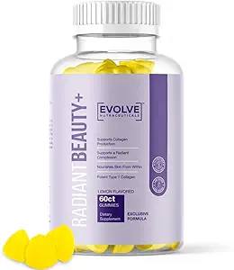 Radiant Beauté+ 200mg Gummy collagène hydrolysé, peau et ongles capillaires, biotine 2500mcg, vitamine C, vitamine E, goût de goutte de citron, 60 Compte
