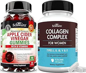 BioSchwartz ACV Apple Cider Vinegar Gummies met B Complex Vitaminen (3 Maanden Levering) Plus Gehydrolyseerde Collageen Peptide Capsules (45 Dagen Levering)