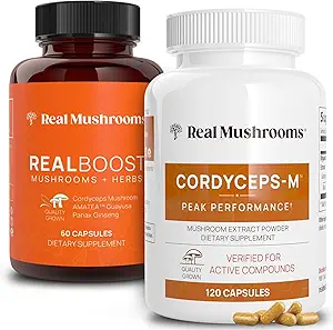 Real Champignons RealBoost (60ct) et Cordyceps (120ct) Capsules Bundle - Supplément Champignon pour l'énergie, la vitalité et l'endurance - Vitamines énergétiques w/Ginseng, Guayusa - Vegan, Non-OGM