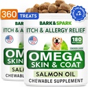 BARK&SPARK (Pack van 2 Omega 3 voor honden - 360 Visolie Kauwen voor hondenvergieten, huidallergie, jeuk verlichting, hot spots behandeling - gezamenlijke gezondheid - huid & jas supplement - EPA&DHA Vetzuren