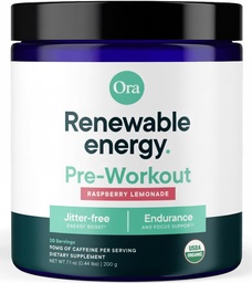 Ora Organic Natural Pre Workout Powder - Raspberry Limonade smaak- Biedt Jitter gratis energie, focus, hydratatie, & endurance - Veganistisch, gecertificeerd biologisch, soja, zuivel, & glutenvrij, 20 porties