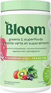Bloom Voeding Groenen en Superfoods Poeder Paketten voor Digestieve Gezondheid, Groenen Poeder, Digestieve Enzymen, Probiotica, Spirulina, Chlorella voor Bloating & Gut Support, 15 Stick, Aardbei Kiwi
