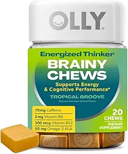 OLLY Energized Thinker Brainy Chews, 70mg de caféine, Vitamine B12 & Omega-3, Supplément énergie, Aromatisé Tropical, Végétarien, 20 Compte