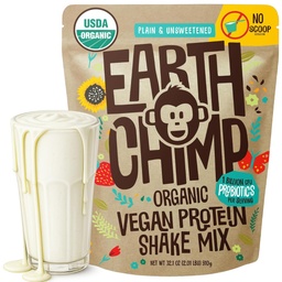 EarthChimp Organic Vegan Protein Powder - with Probiotics - Non GMO, Dairy Free, Non Whey, Plant Based Protein Powder for Women and Men, Gluten Free - 26 Servings 32 Oz (Plain & Unsweeted) No Scoop