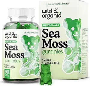 Wild & Organic Irish Sea Moss Gummies 1600 mg - Complexe avec la racine de bradderwrack et de bardage - Gel de mousse de mer Chews pour un soutien global - Chondrus Crispus - 90 Végétaliens, Gummes Gel non OGM