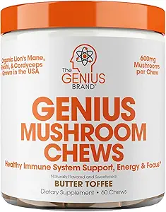 The Genius Brand Genius Mushroom - Supplément à base de plantes pour Immunis, Focus & Energy Support - Lion's Mane, Cordyceps & Reishi - Organic & Non-OGM - Butter Toffee - 60 Soft Chews