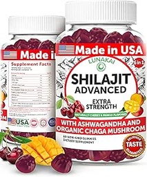 Lunakai USA Made Pure Shilajit Gummies 1200mg with Ashwagandha & Chaga - Himalaya Shilajit for Men & Women, Energy & Vitality Support, 60ct