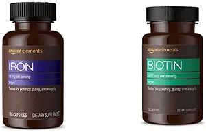Éléments Fer 18mg Capsules, soutient la production de globules rouges, Vegan (195 comte, 6 mois d'approvisionnement) et éléments Vegan Biotin 5000 mcg - cheveux, peau, ongles (130 capsules, 4 mois d'approvisionnement)
