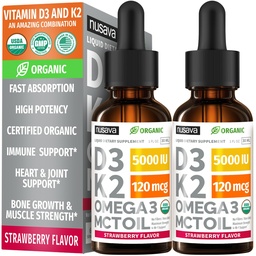 (2 verpakkingen) Biologische vitamine D3 K2 druppels 5000 IE met MCT olie Omega 3 - Maximale sterkte vloeibare D3 zonder fillers, Non-GMO voor snellere absorptie, Immune Support (Strawberry, 2 Fl Oz)