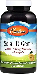 Carlson - Solar D Gems, Vitamine D3 en Omega-3 Supplement, 2000 IE Vitamine D3, 115 mg Omega-3s EPA en DHA, Vitamine D Visolie Capsule, Bone & Immune Health, Vitamine D Supplement, Citroen, 360 Softgels