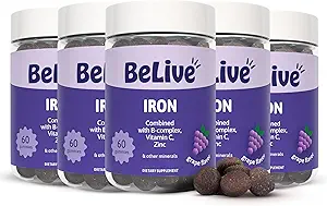 Gommies de fer BeLive - Supplément de fer multivitamine avec vitamine C, A, B & Zinc, soutient l'oxygène du sang, suppléments végétaliens pour les femmes, les hommes et les enfants pour la croissance et le développement - Flaveur de raisin