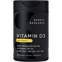 Sportonderzoek Vitamine D3 1000iu (25 mcg) Geïnfundeerd met kokosolie ~ Immune & Bone Support ~ Niet-GMO Geverifieerd, soja & Glutenvrij (360 Mini Liquid Softgels)