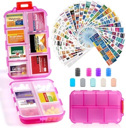 14 Grids Travel Pill Organizer Box met 415-Pcs Medicine Naam Labels - Pocket Daily Pharmacy Case Container Kit - Travel Medication Holder Dispenser voor Visolie Vitamine Supplement Opslag -Clear Pink