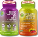 Ensemble de soutien osseux et immunitaire – Vitamine liposomique C 1100mg Gel liquide enrichi en cerises d'acérola et Calcium végétal (d'Aquamin®), Magnésium, Zinc, D3, K2 + Curcuma – Clean Wellness Support