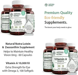 Natuurlijke Nutra Luteïne en Zeaxanthine Supplement Sojavrij, 20mg - 60 Capsules en vitamine A 10.000 IE, helpt bij het behoud van gezond zicht met Omega 3, 100 Glutenvrije Softgels