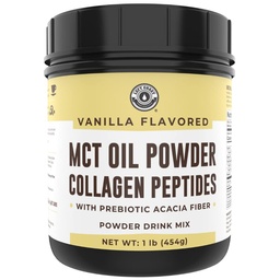 Keto MCT Oliepoeder + Collageen + Prebiotic Acacia Fiber, Vanille smaak, 16oz. MCT Oliepoeder van Kokosnoten. Gras Fed Collagen, Perfect voor Keto, 0 Net Carb, Stevia, Erytritol, Poederd Drink