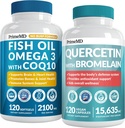4-in-1 Visolie Omega 3-supplementen (2100mg) - Omega 3-visolie met vitamine D3 & K2 en CoQ10 & 28-in-1 quercetine met bromelaïnesupplement voor dagelijkse immuunverdedigingsondersteuning (120ct)
