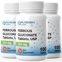 Purigen Labs Ferrous Gluconate 324 mg [High Potency] IJzersupplement, Zacht op de maag 3 Pack - 300 Tablets Totaal