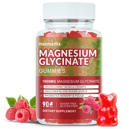 Magnesium Glycinate Gummies 1000mg, Suikervrij Magnesium Kaliumsupplementen Kauwbaar voor volwassenen met L-Dreonaat voor slaap, body support en ontspanning,90 Raspberry Gummies