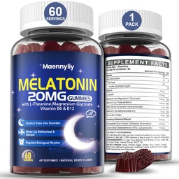 Melatonine 20mg Gummies voor volwassenen - Suikervrije Melatonine Gummies Extra sterkte met L-Theanine, Magnesium, Ashwagandha, Kurkuma, D3 & Zink - Non-Habit vorming