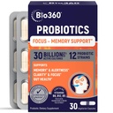 Bio360 Hersensupplementen voor geheugen en focus - Ondersteunt Hersengezondheid, Geestelijke Helderheid en Alertheid - Capsules met B5, B6 & B12-30 Miljard CFU voor Immuniteit, Digestie & Gut Health - 30 Tel.