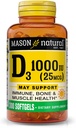 MASON NATUURLIJKE Vitamine D3 25 mcg (1000 IE), ondersteunt totale gezondheid, versterkt botten en spieren, van visleverolie, 300 Softgels