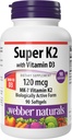 Webber Naturals Super Vitamine K2 MK-7 120 mcg met vitamine D3, 90 Softgels, Ondersteunt Bones, Tanden, en Cardiovasculair Systeem