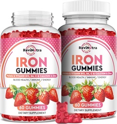 Iron Gummies - met calcium, zink, folaat en vitamine B12, C, B6 voor volwassenen en kinderen - Blood Builder & Energy Support for Iron Deficency, Anemia, Vegan - 2 Pack Strawberry Flavour,60 Gummies